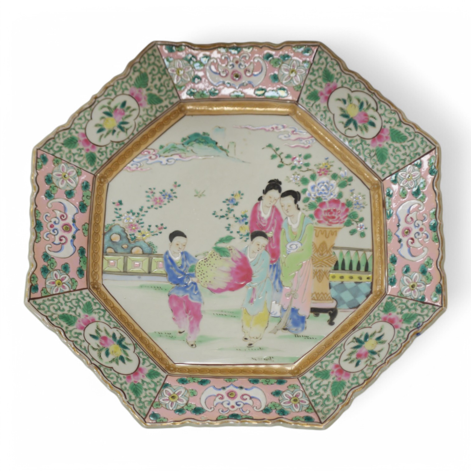 A Japanese famille rose octagonal dish, late 19th century, 34.5cm wide. Condition - good